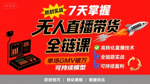 【第9606期】无人直播带货全链防封实战课，7天掌握高转化直播技术，实现单场GMV破万可持续模型